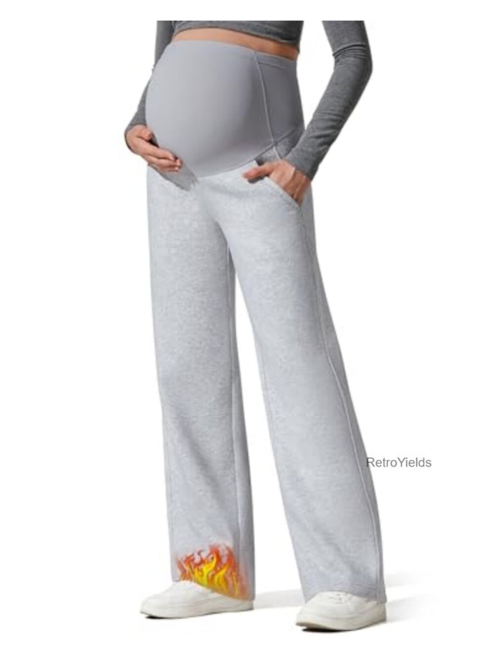 Fleece Lined Maternity Wide Leg Sweatpants Adjustable Waistband Pregnancy